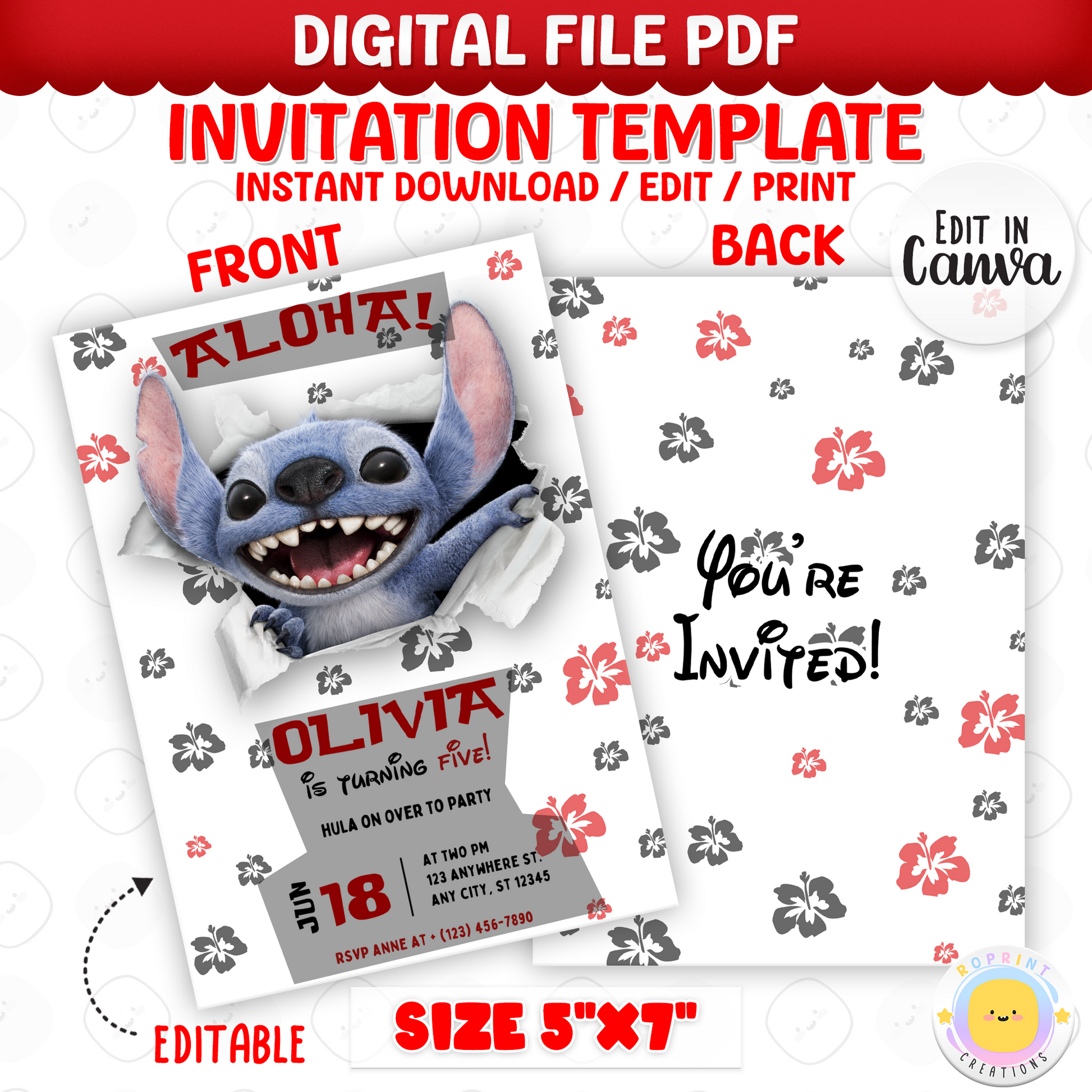 Celebrate with Stitch! This editable birthday invitation is easy to customize in Canva and perfect for printing or sharing digitally. Instant download.