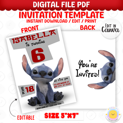 Celebrate with Stitch! This editable birthday invitation is easy to customize in Canva and perfect for printing or sharing digitally. Instant download.