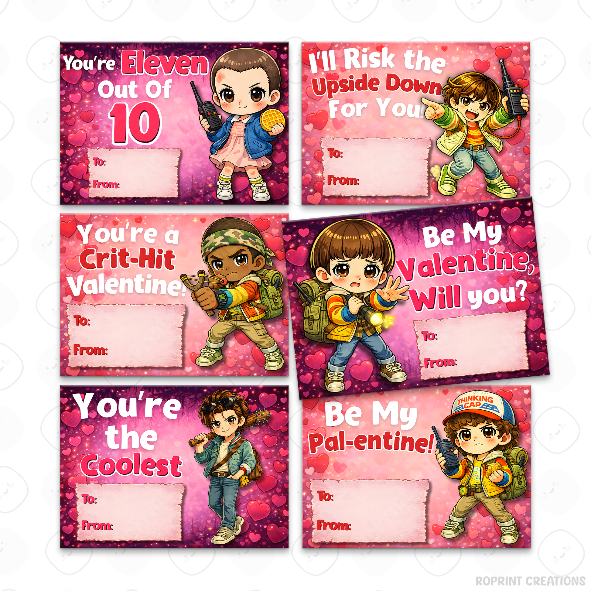 Stranger Things inspired Valentine cards, printable classroom Valentine exchange cards with retro sci-fi themed designs