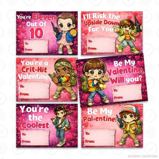 Stranger Things inspired Valentine cards, printable classroom Valentine exchange cards with retro sci-fi themed designs