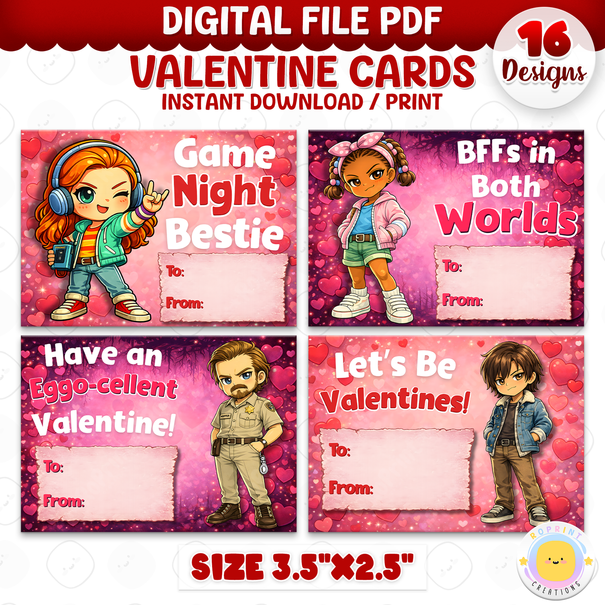 Stranger Things inspired Valentine cards, printable classroom Valentine exchange cards with retro sci-fi themed designs