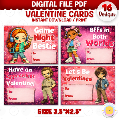 Stranger Things inspired Valentine cards, printable classroom Valentine exchange cards with retro sci-fi themed designs