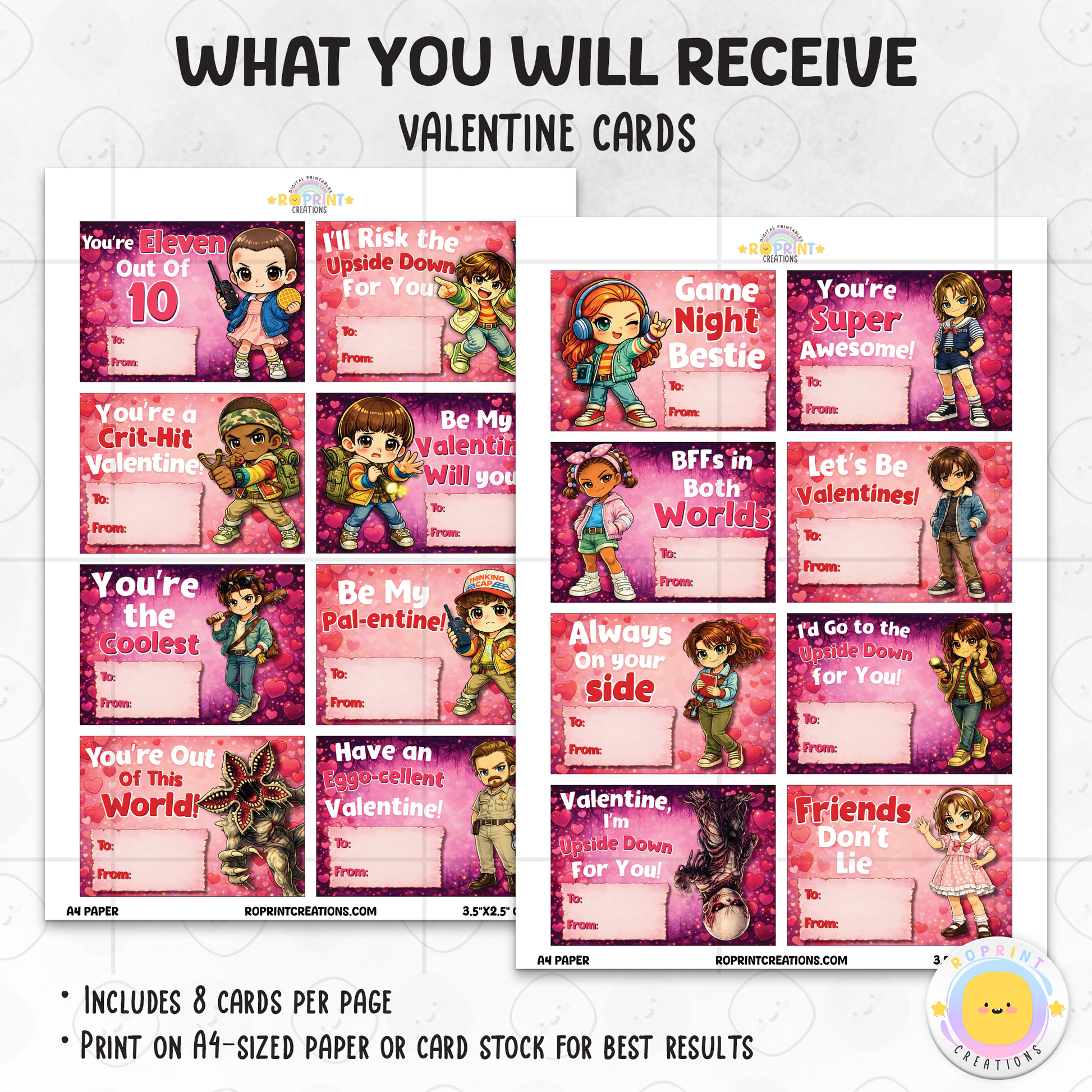 Stranger Things inspired Valentine cards, printable classroom Valentine exchange cards with retro sci-fi themed designs