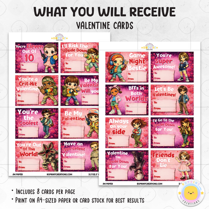 Stranger Things inspired Valentine cards, printable classroom Valentine exchange cards with retro sci-fi themed designs