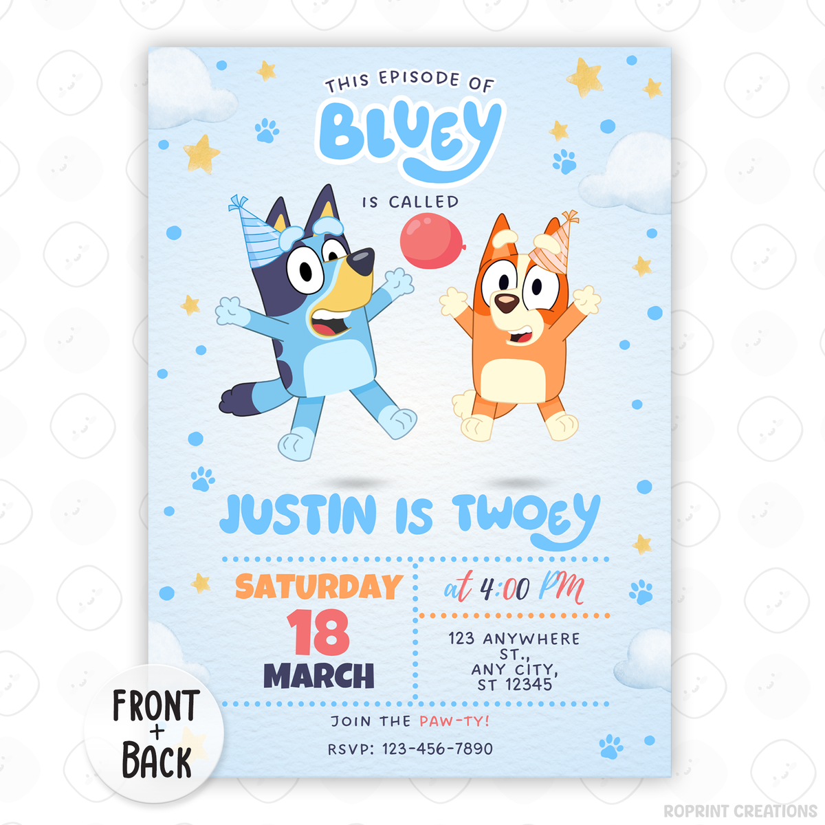 Make your little one’s celebration extra special with this “This Episode of Bluey is Called TWOEY” birthday invitation! Easily edit, download, and print or share digitally for a fun and memorable 2nd birthday party. 🎉💙