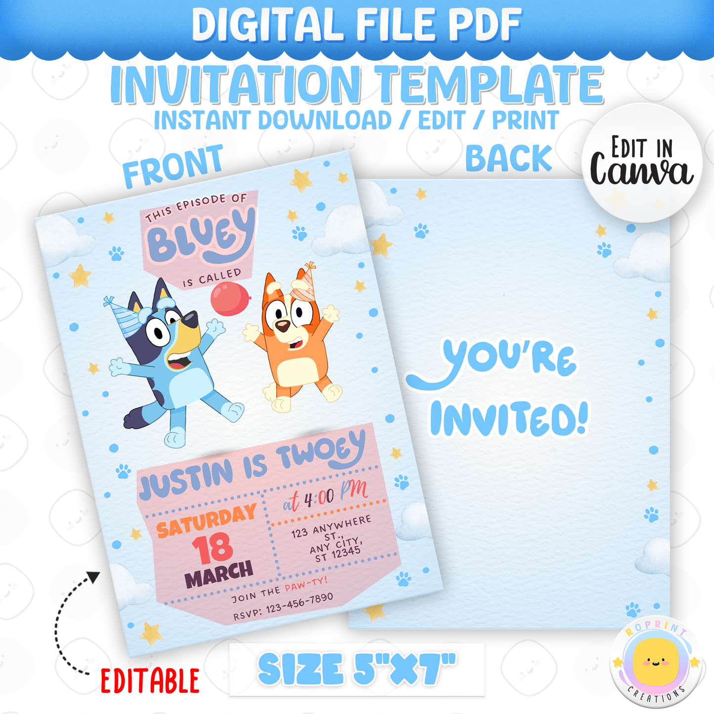 Make your little one’s celebration extra special with this “This Episode of Bluey is Called TWOEY” birthday invitation! Easily edit, download, and print or share digitally for a fun and memorable 2nd birthday party. 🎉💙