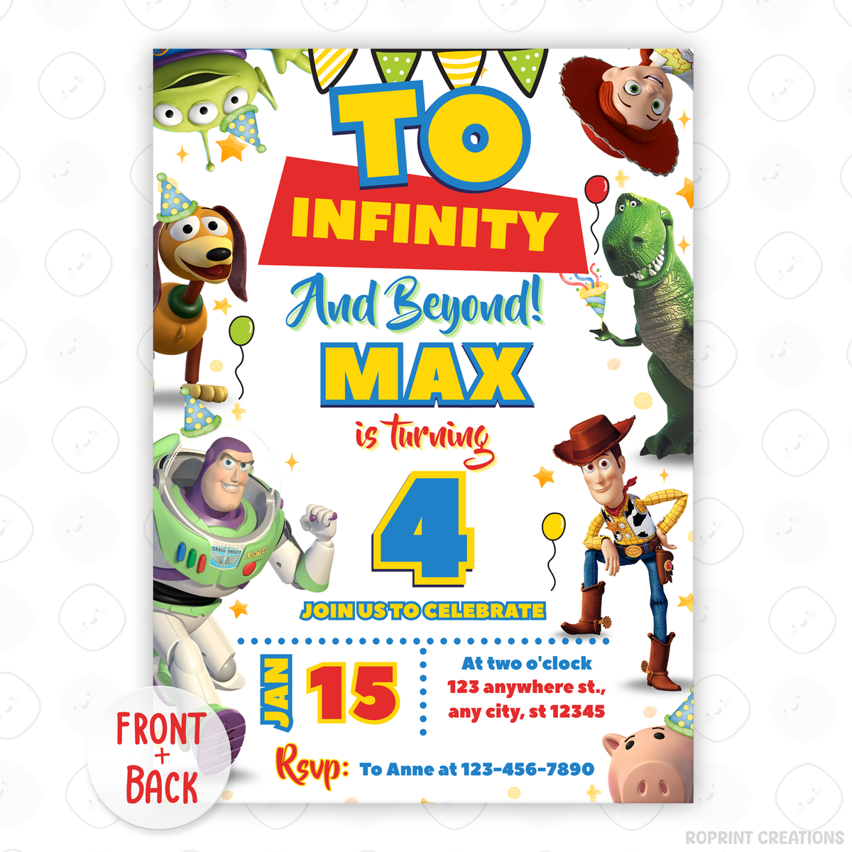 Blast off to an unforgettable celebration with this To Infinity and Beyond Birthday Invitation! Easily editable in Canva—print or share digitally for a fun Toy Story-themed party. Instant Download