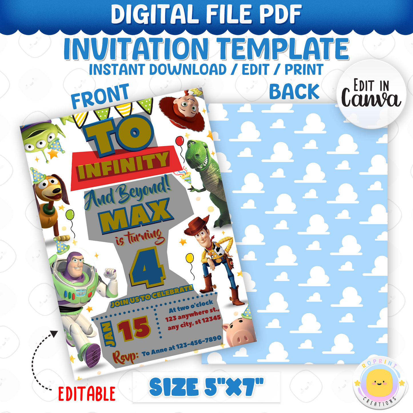 Blast off to an unforgettable celebration with this To Infinity and Beyond Birthday Invitation! Easily editable in Canva—print or share digitally for a fun Toy Story-themed party. Instant Download