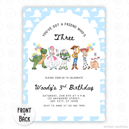 Celebrate your little one turning three with this fun Toy Story “You’ve Got a Friend Who’s Three” Invitation! Easily edit, download, print, or share digitally for a stress-free party invite.