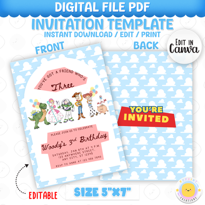 Celebrate your little one turning three with this adorable You’ve Got a Friend Who’s Three Invitation! Easily edit, download, print, or share digitally for a fun and stress-free party invite.