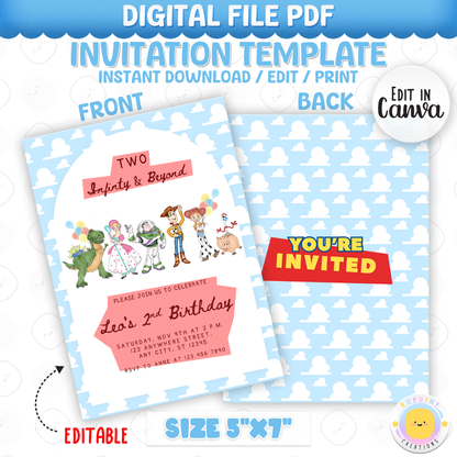 Toy Story birthday invitation template with front and back views on a blue cloud-patterned background.