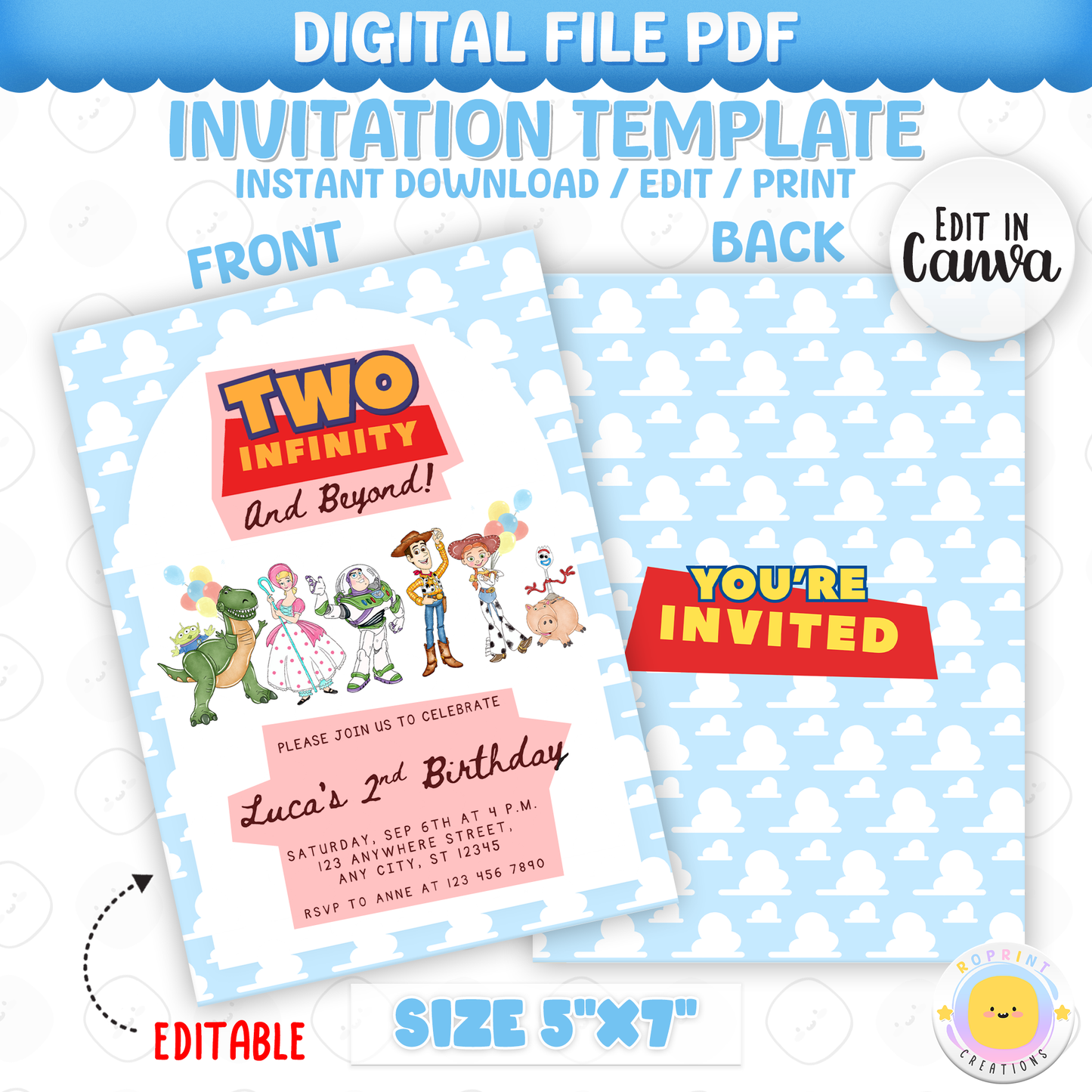 Celebrate your little one’s 2nd birthday with this adorable Two Infinity and Beyond Birthday Invitation! Easily edit, download, print, or share digitally for a fun and stress-free party invite.