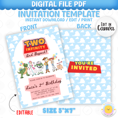 Celebrate your little one’s 2nd birthday with this adorable Two Infinity and Beyond Birthday Invitation! Easily edit, download, print, or share digitally for a fun and stress-free party invite.