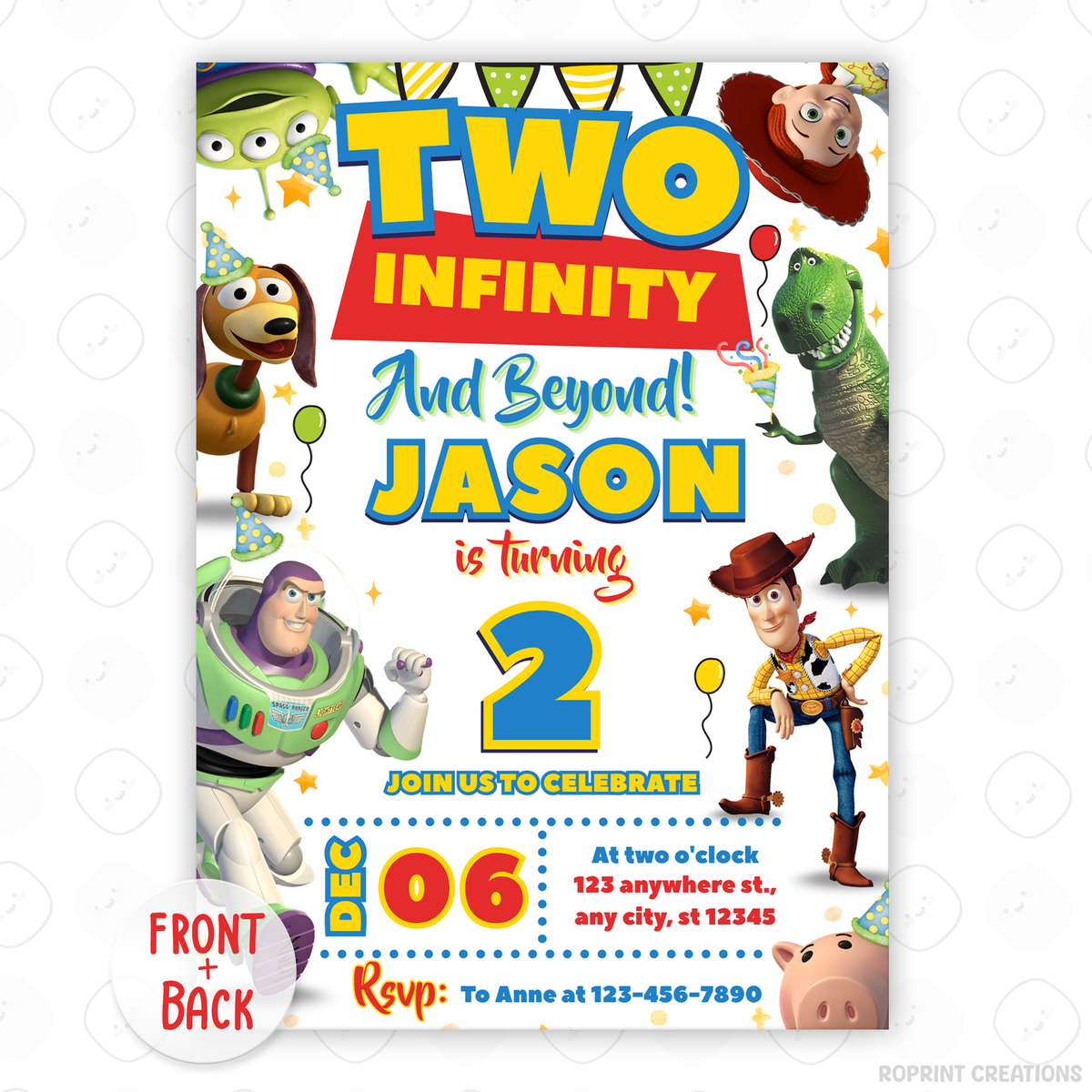 Celebrate your little one’s second birthday with this fun “Two Infinity and Beyond” Toy Story-inspired invitation! Easily edit in Canva, then print or share digitally for an out-of-this-world celebration. Instant Download