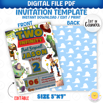 Celebrate your little one’s second birthday with this fun “Two Infinity and Beyond” Toy Story-inspired invitation! Easily edit in Canva, then print or share digitally for an out-of-this-world celebration. Instant Download