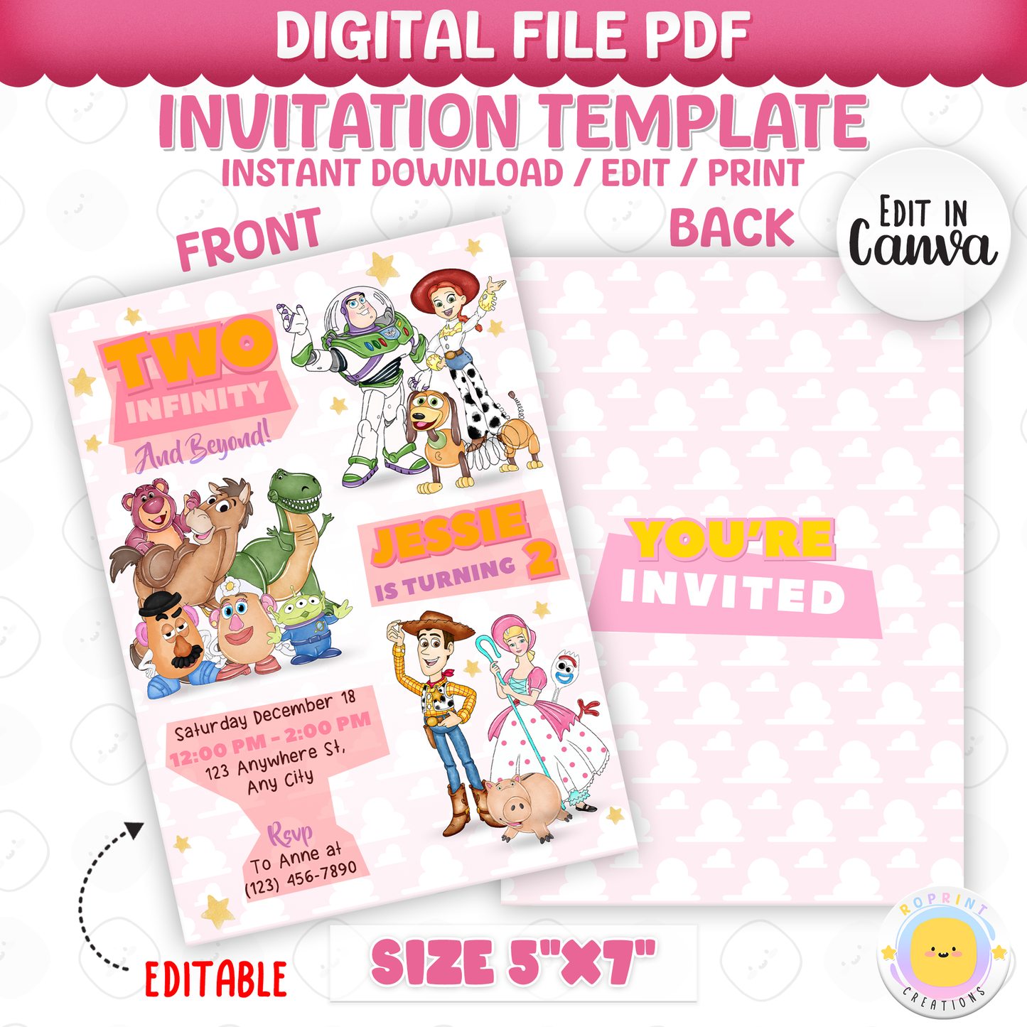 Celebrate your little one’s 2nd birthday with this adorable Girls Two Infinity and Beyond Birthday Invitation! Easily edit, download, print, or share digitally for a fun and stress-free party invite.