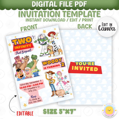 Toy Story birthday invitation template with characters on a white background