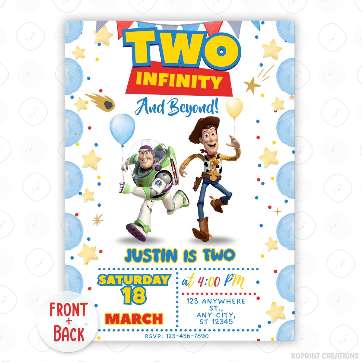 Make your little space ranger’s day extra special with this “Two Infinity and Beyond” Birthday Invitation! Easily edit in Canva, then print or share digitally for a fun Toy Story-themed celebration. Instant Download
