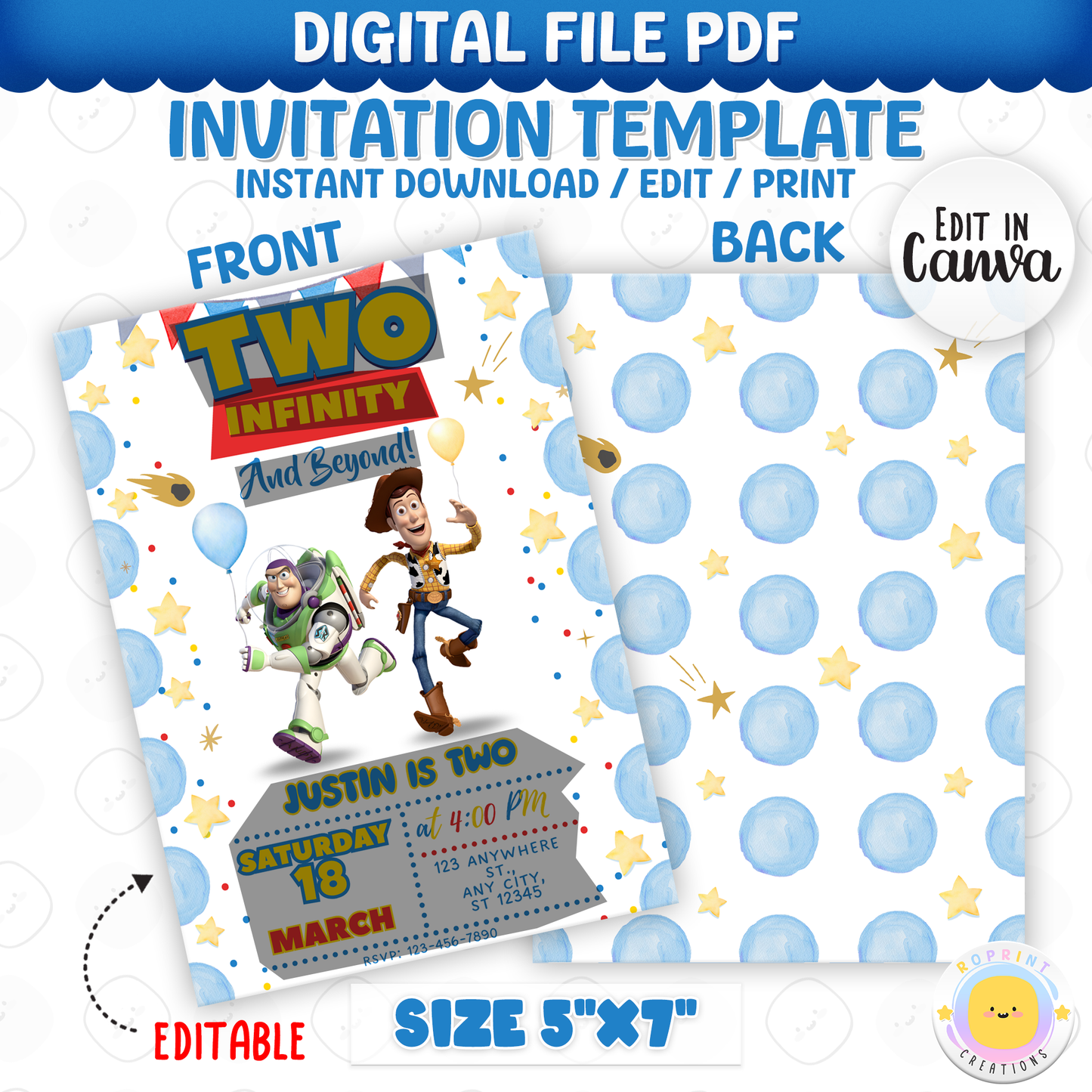 Make your little space ranger’s day extra special with this “Two Infinity and Beyond” Birthday Invitation! Easily edit in Canva, then print or share digitally for a fun Toy Story-themed celebration. Instant Download