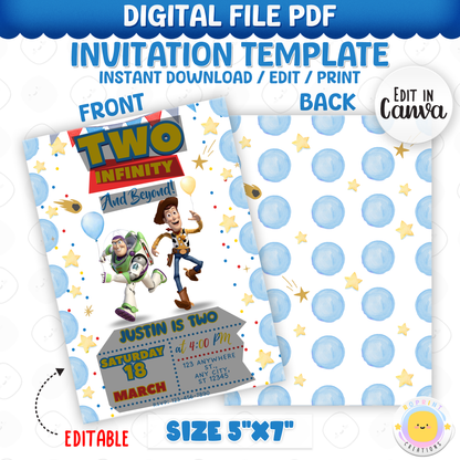 Make your little space ranger’s day extra special with this “Two Infinity and Beyond” Birthday Invitation! Easily edit in Canva, then print or share digitally for a fun Toy Story-themed celebration. Instant Download