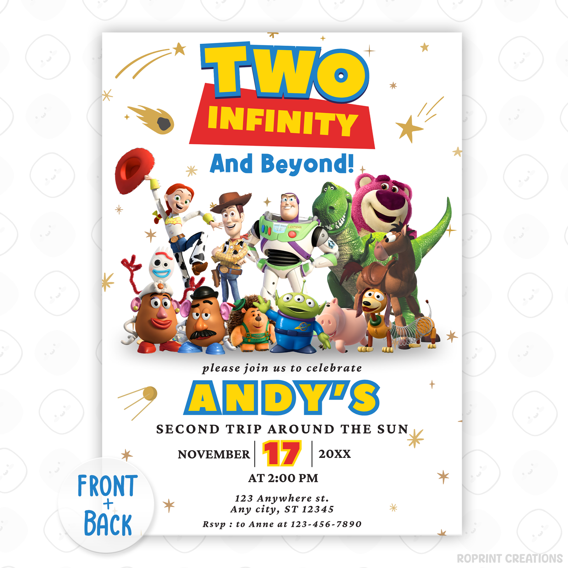 Celebrate your little space ranger’s big day with this “Two Infinity and Beyond” Toy Story-themed invitation! Fully editable in Canva—print or share digitally for a fun and memorable party. Instant Download