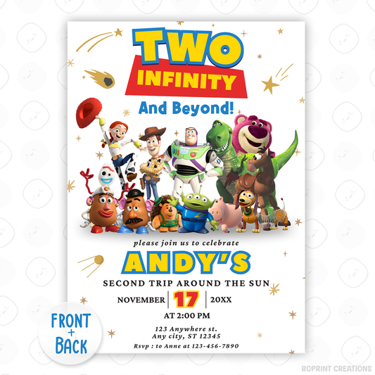 Celebrate your little space ranger’s big day with this “Two Infinity and Beyond” Toy Story-themed invitation! Fully editable in Canva—print or share digitally for a fun and memorable party. Instant Download
