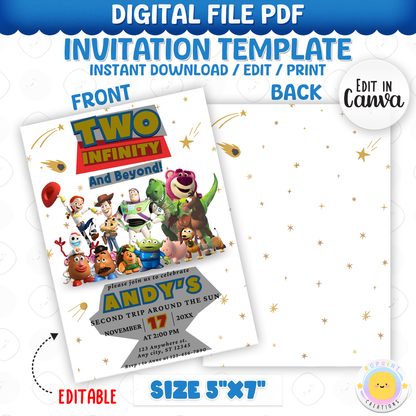 Celebrate your little space ranger’s big day with this “Two Infinity and Beyond” Toy Story-themed invitation! Fully editable in Canva—print or share digitally for a fun and memorable party. Instant Download