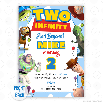 Make your celebration out of this world with this Two Infinity and Beyond Party Invitation! Easily editable in Canva—print or share digitally for a fun Toy Story-themed birthday party. Instant Download