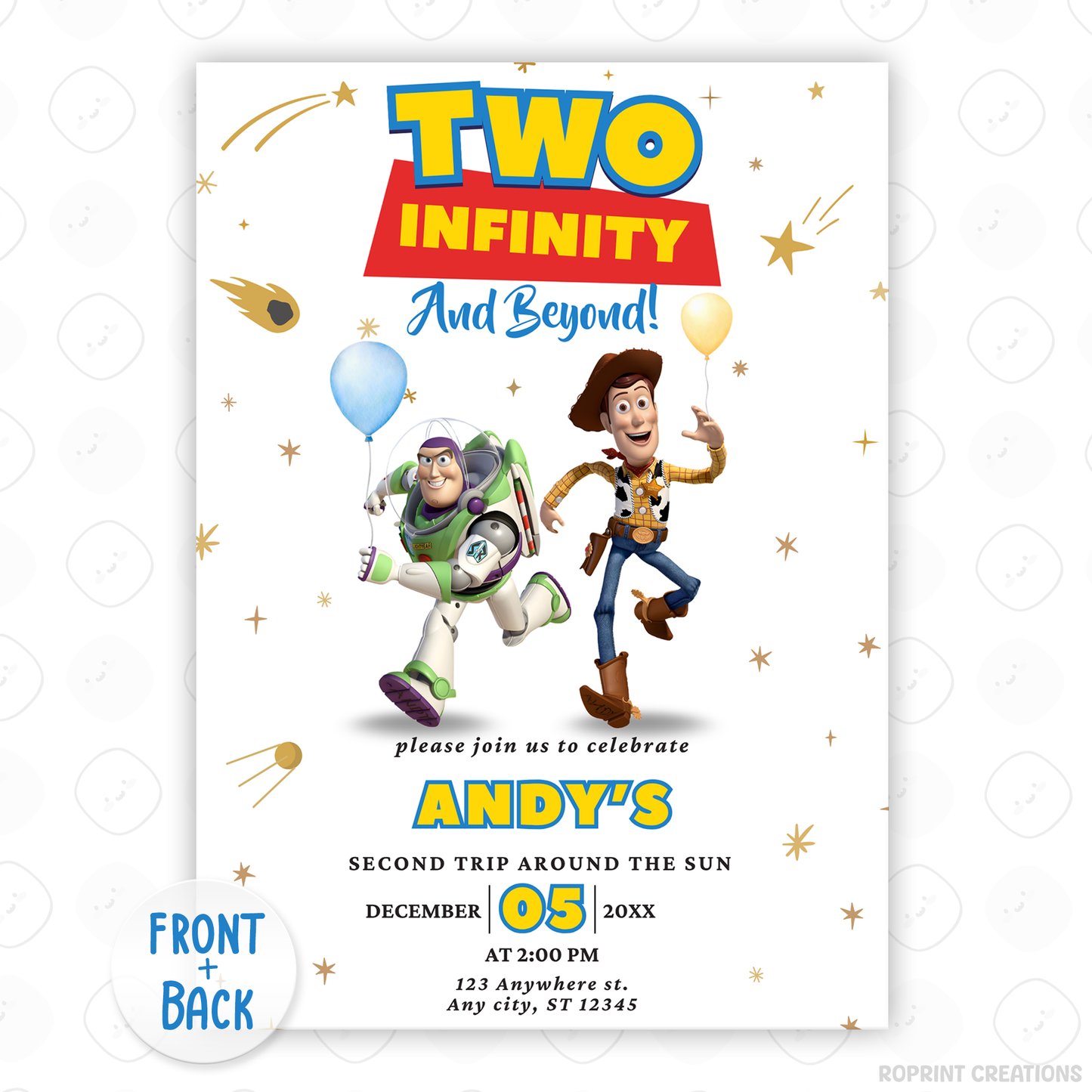 Celebrate your little space ranger’s big day with this “Two Infinity and Beyond” Toy Story-themed invitation! Fully editable in Canva—print or share digitally for a fun and memorable party. Instant Download