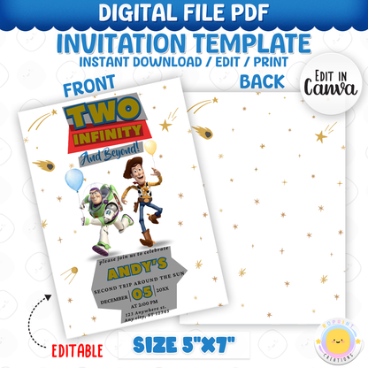 Celebrate your little space ranger’s big day with this “Two Infinity and Beyond” Toy Story-themed invitation! Fully editable in Canva—print or share digitally for a fun and memorable party. Instant Download