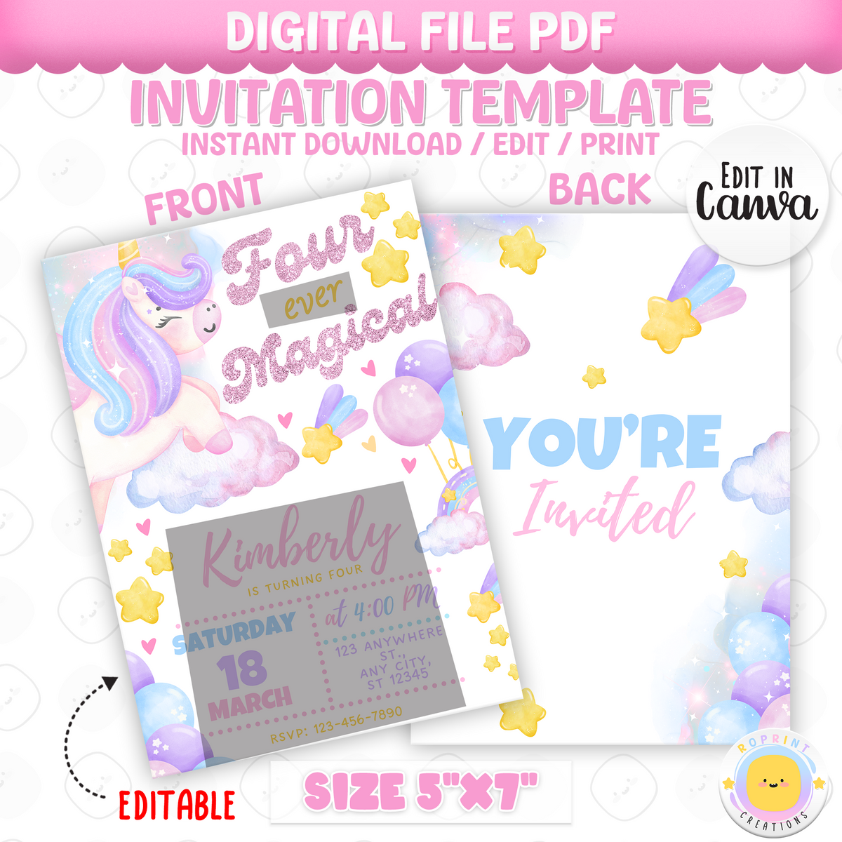 Celebrate four in sparkly style with this Four Ever Magical unicorn invitation!
Designed with soft pastel colors, glitter-style font, and a whimsical unicorn theme, this editable template is perfect for your little girl’s 4th birthday party. Personalize it in minutes and make her special day truly magical. Instant download.
