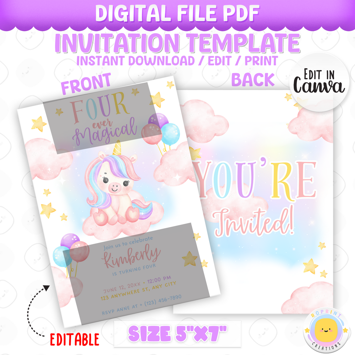 This pastel unicorn birthday invitation is bursting with dreamy colors, glittery accents, and sweet charm—perfect for celebrating your little one’s special day. With a fun “Four Ever Magical” theme, this editable and printable invite is ideal for a whimsical unicorn party. Instant download.
