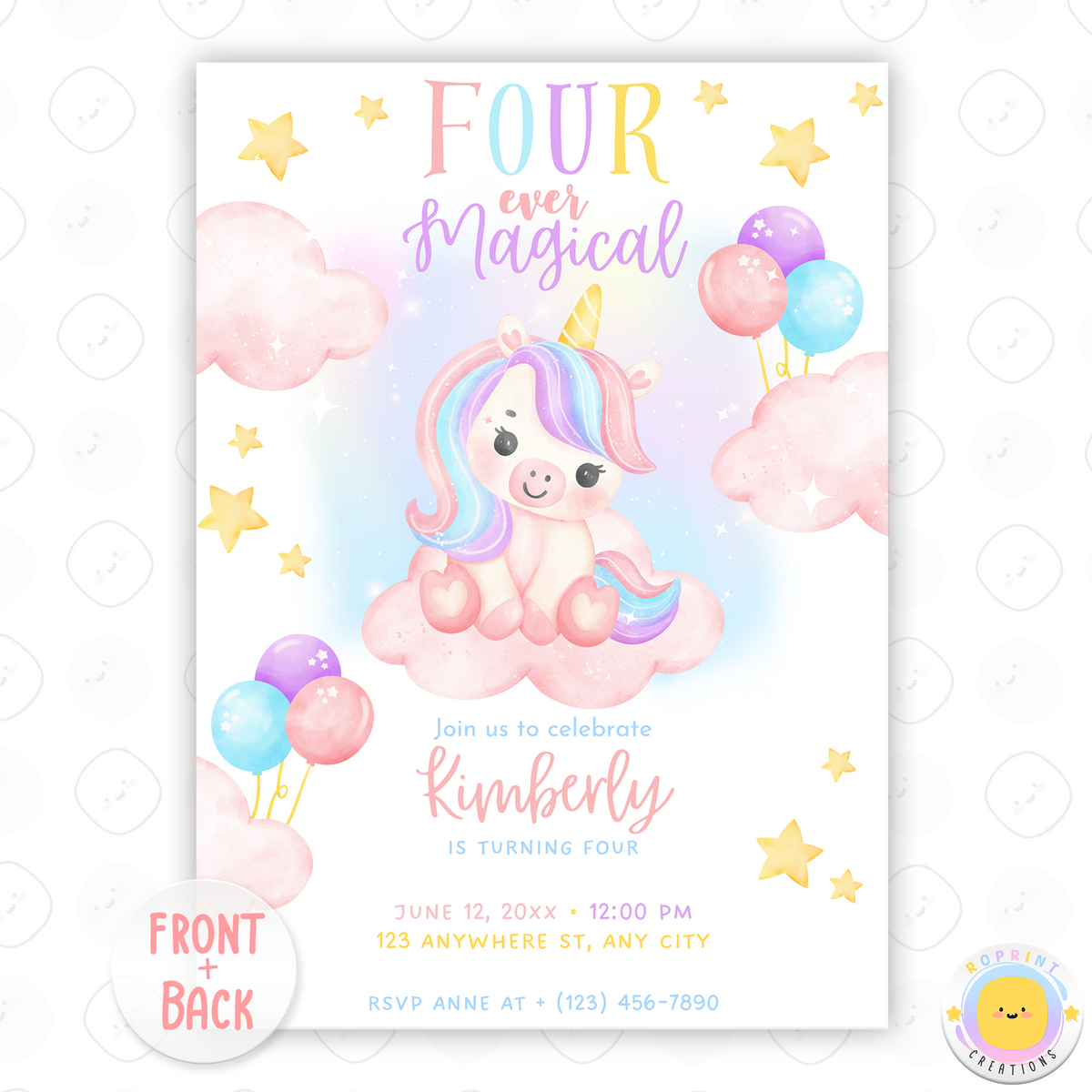 This pastel unicorn birthday invitation is bursting with dreamy colors, glittery accents, and sweet charm—perfect for celebrating your little one’s special day. With a fun “Four Ever Magical” theme, this editable and printable invite is ideal for a whimsical unicorn party. Instant download.
