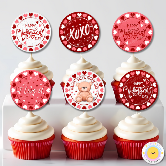 Add a festive touch to your celebration with these Valentine's Day cupcake toppers! Instantly download, print, and assemble for charming party decorations. These toppers can also be printed on edible or sticker paper for added fun. Digital file only.