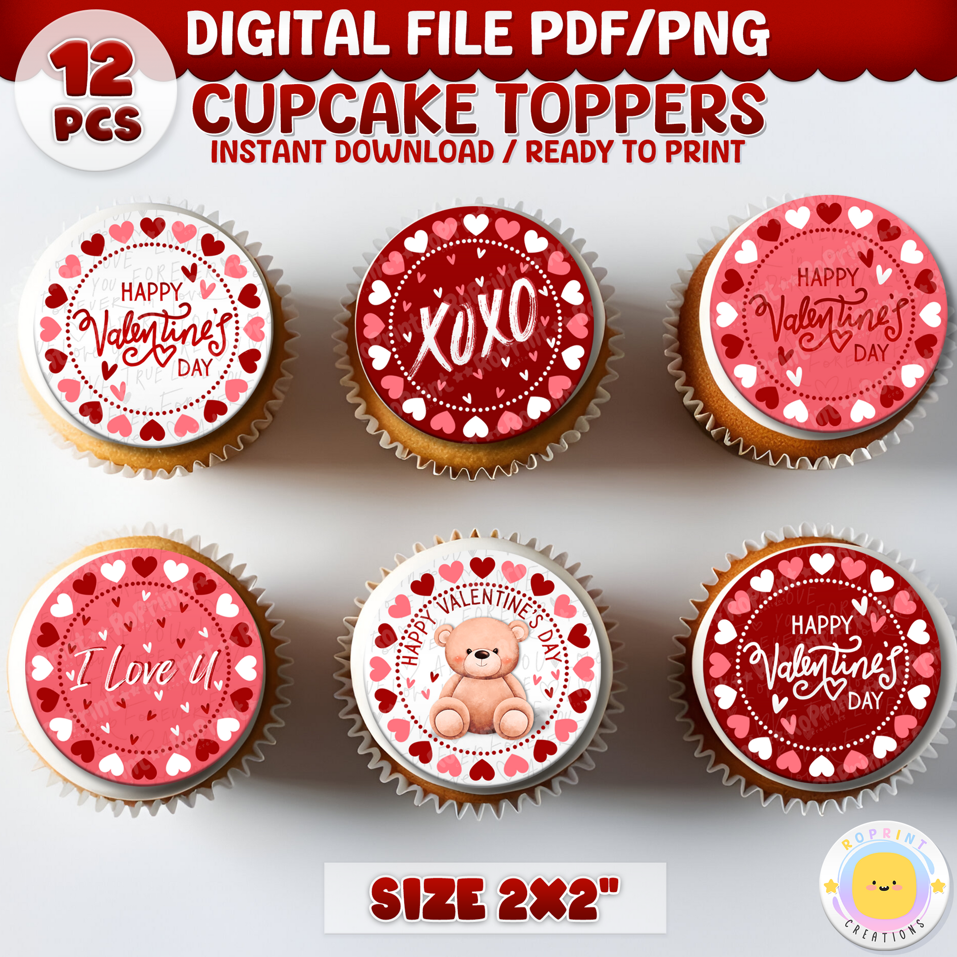 Add a festive touch to your celebration with these Valentine's Day cupcake toppers! Instantly download, print, and assemble for charming party decorations. These toppers can also be printed on edible or sticker paper for added fun. Digital file only.