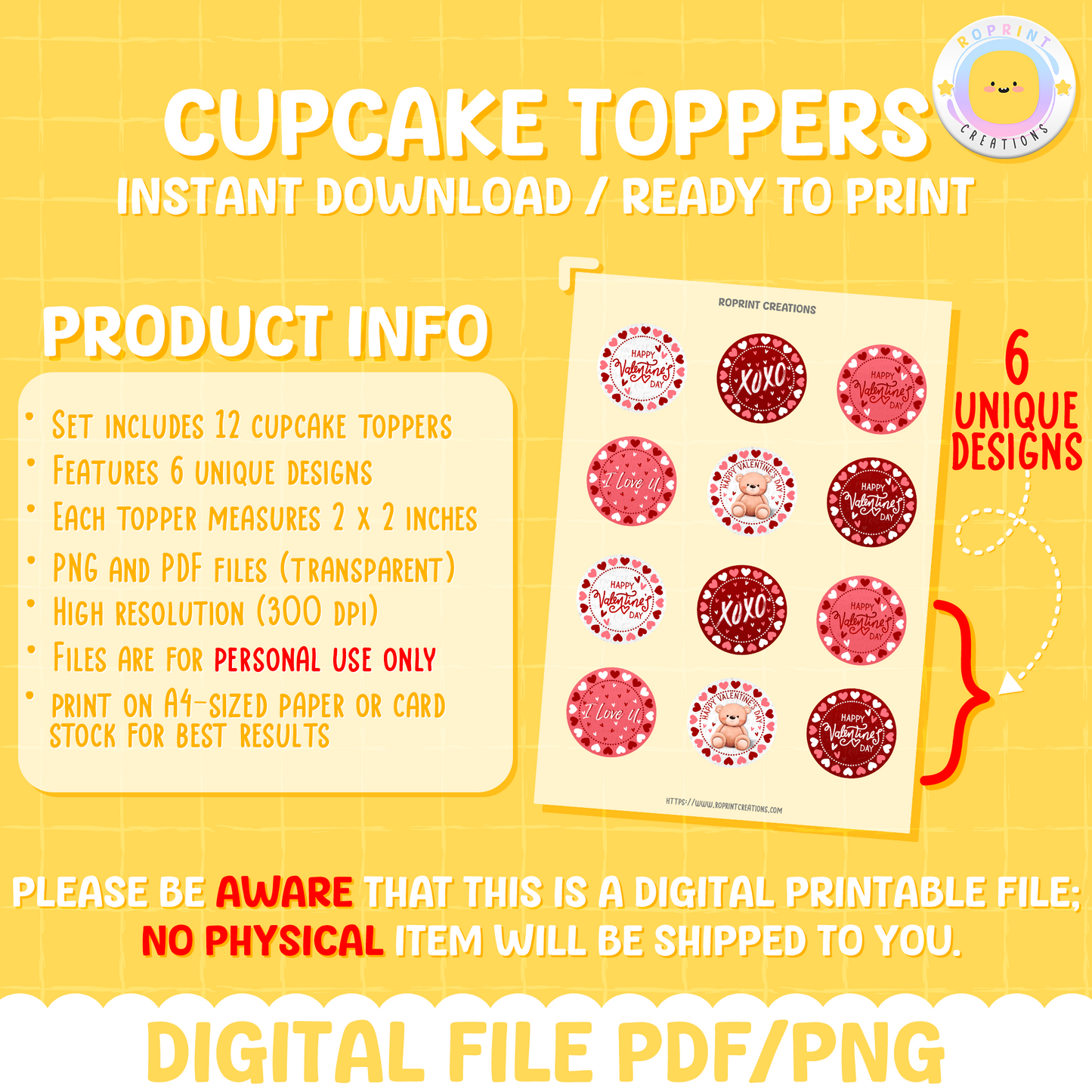 Add a festive touch to your celebration with these Valentine's Day cupcake toppers! Instantly download, print, and assemble for charming party decorations. These toppers can also be printed on edible or sticker paper for added fun. Digital file only.