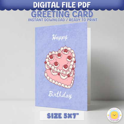 Digital birthday greeting card with a cake illustration on a light blue background