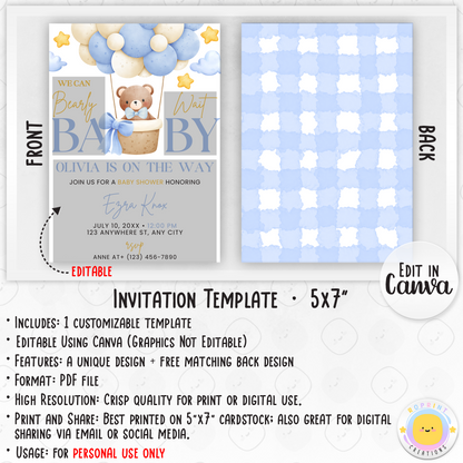 We Can Bearly Wait Baby Shower Invitation - Bear Baby Shower Blue Invite info