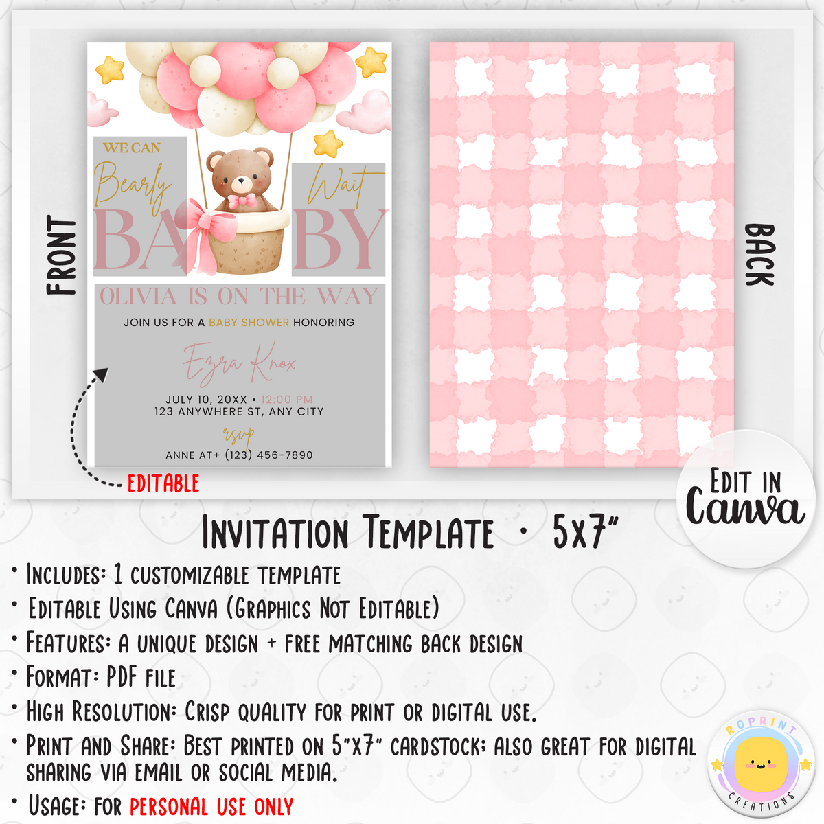 We Can Bearly Wait Baby Shower Invitation - Bear Baby Shower Pink Invite info