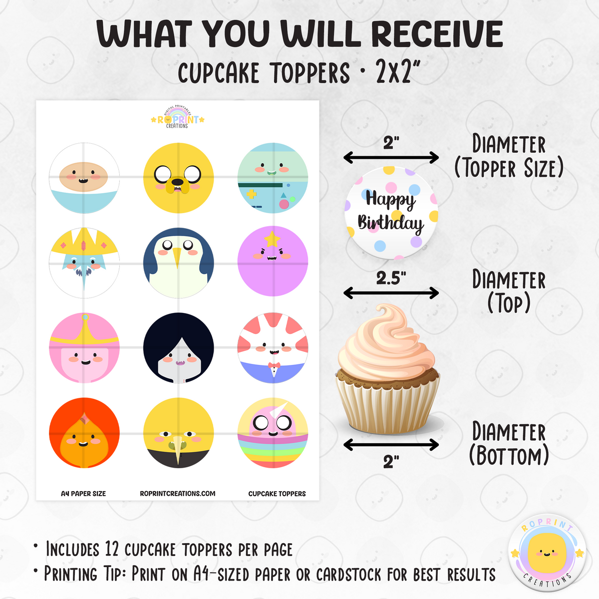 Adventure Time Cupcake Toppers - Adventure Time Birthday Cupcake Toppers. Add a fun touch to your celebration with these Adventure Time Cupcake Toppers! Instantly download, print, and assemble for a unique party decoration. These toppers can also be printed on edible paper or sticker paper to create fun stickers. Digital file only.