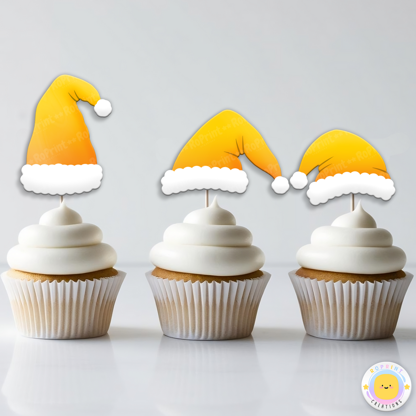 Digital printable Santa hat cupcake toppers, ideal for adding a festive touch to holiday party treats.