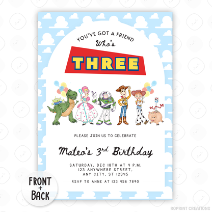 Celebrate your little one turning three with this adorable You’ve Got a Friend Who’s Three Invitation! Easily edit, download, print, or share digitally for a fun and stress-free party invite.
