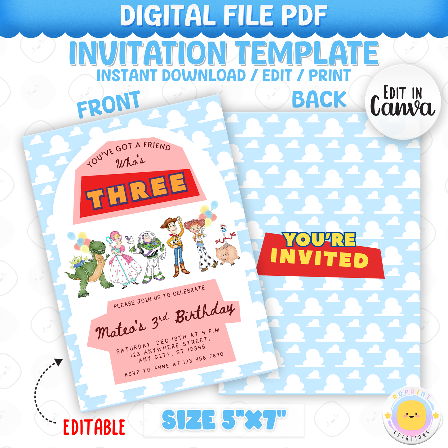 Digital invitation template with Toy Story characters for a birthday party, featuring front and back views.