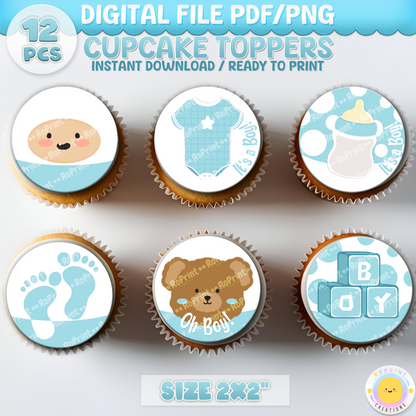 Digital printable boy baby shower cupcake toppers, perfect for decorating treats at a baby shower celebration.