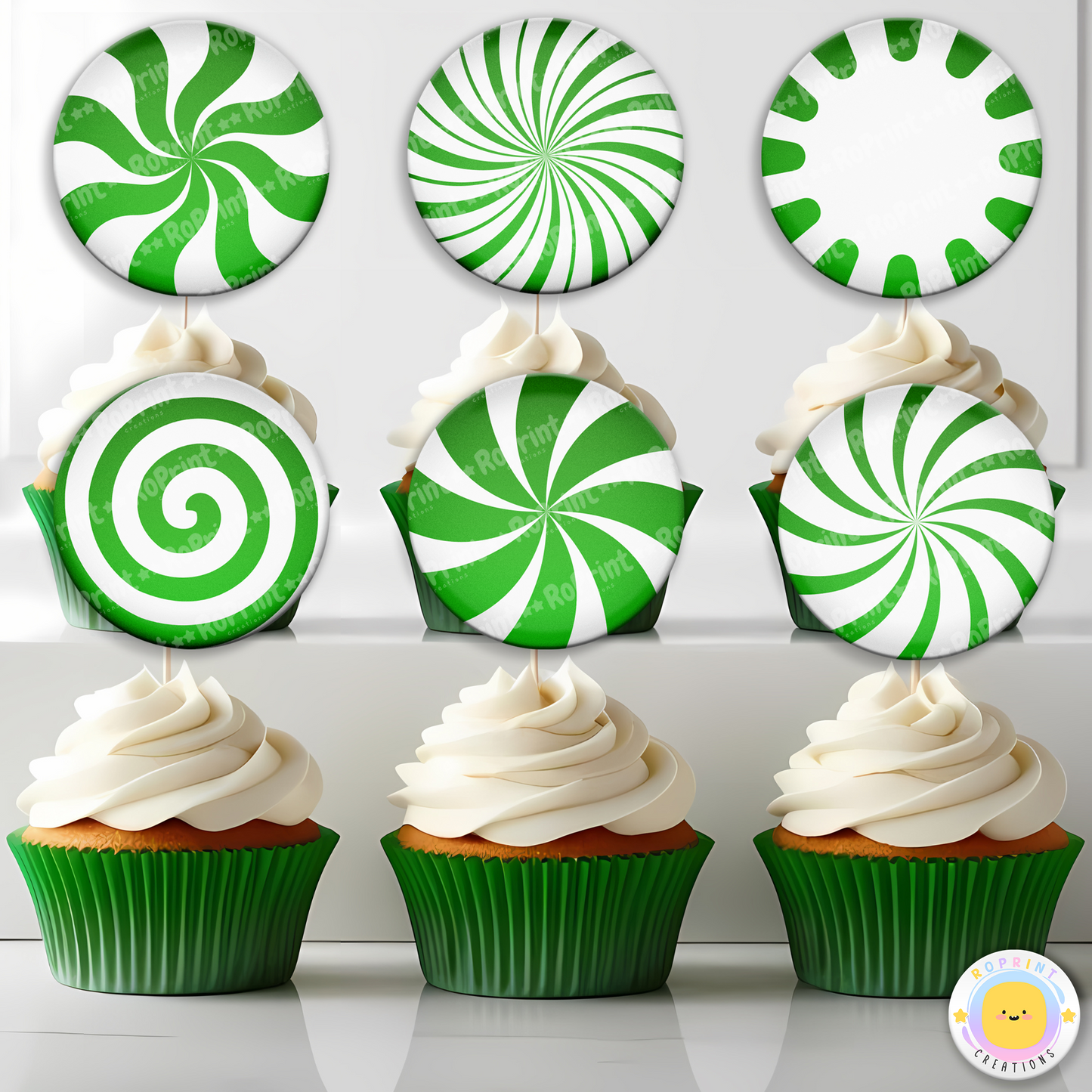 Peppermint Candy Cupcake Toppers, Festive Party Favor - Printable