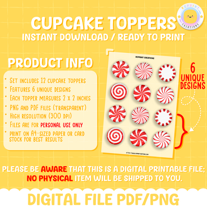 Digital printable peppermint candy cupcake toppers, perfect for festive holiday parties and sweet treats.