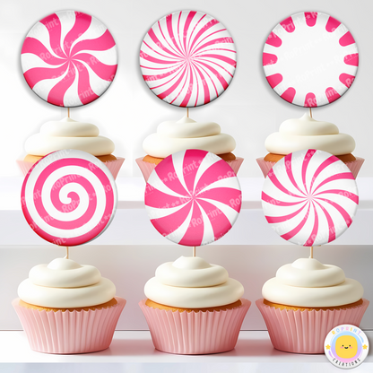 Peppermint Candy Cupcake Toppers, Festive Party Favor - Printable